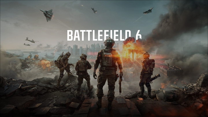 Battlefield 6 key art. Four soldiers overlooking a war torn San Fransico.